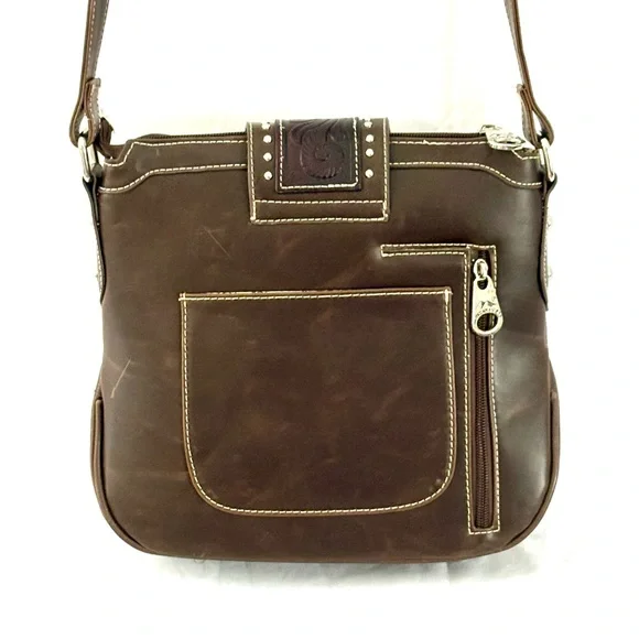 Montana West Western Style Tooled Leather And Studded Crossbody - Picture 3 of 15